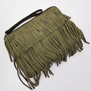 Patricia Nash Cassini Olive Green Suede Leather Fringe Wristlet Clutch